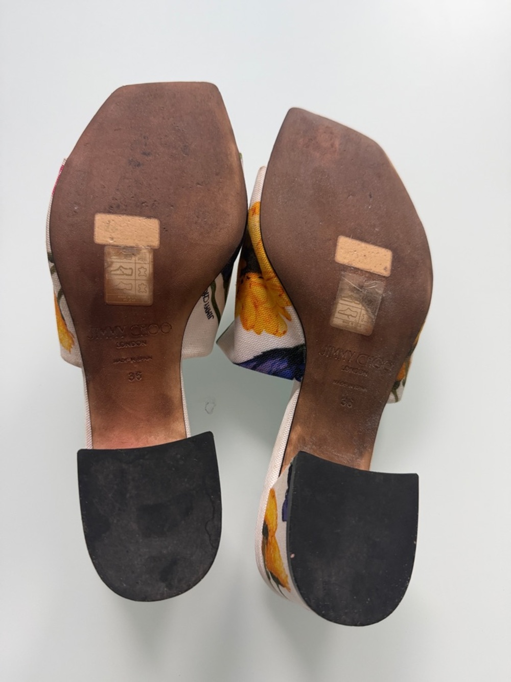 Jimmy Choo Floral Canvas Open-Toe Mules - White with Pink, Purple, Yellow, Green - Picture 2 of 6